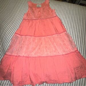 Fuzarka Girls Coral Pink Lace Tiered Maxi Dress Size 9/10 Sleeveless Boho Floral